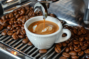 Professional coffee machine with cup of coffee, a Food & Drink Photo by AlyaAnd