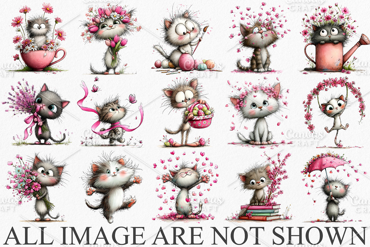 Whimsical Spring Cat Clipart Bundle, an Illustration by Canvas Craft (Photo 3 of 7)