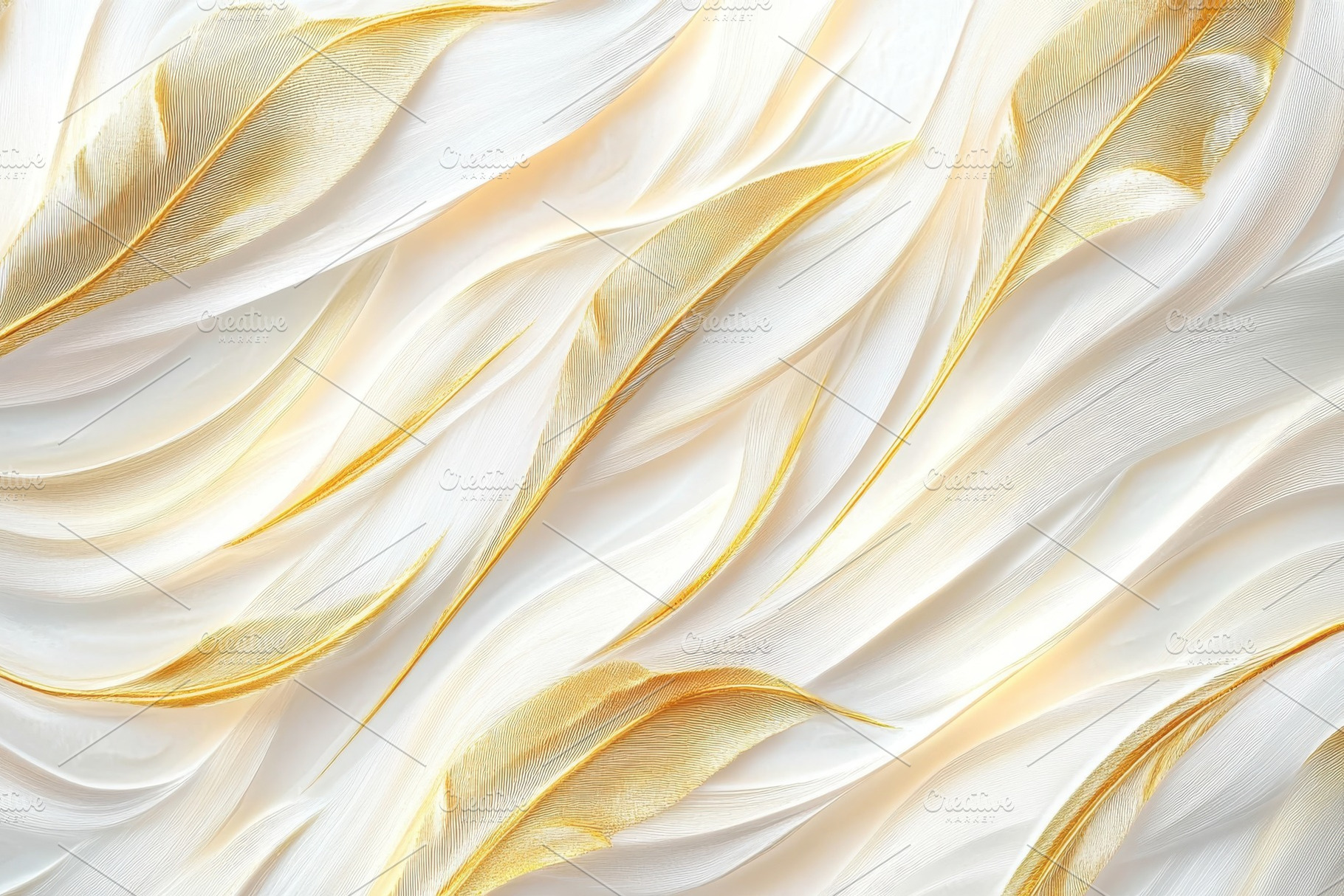 Elegant gold and white feathers flow, a Photo by Pixeness Studio