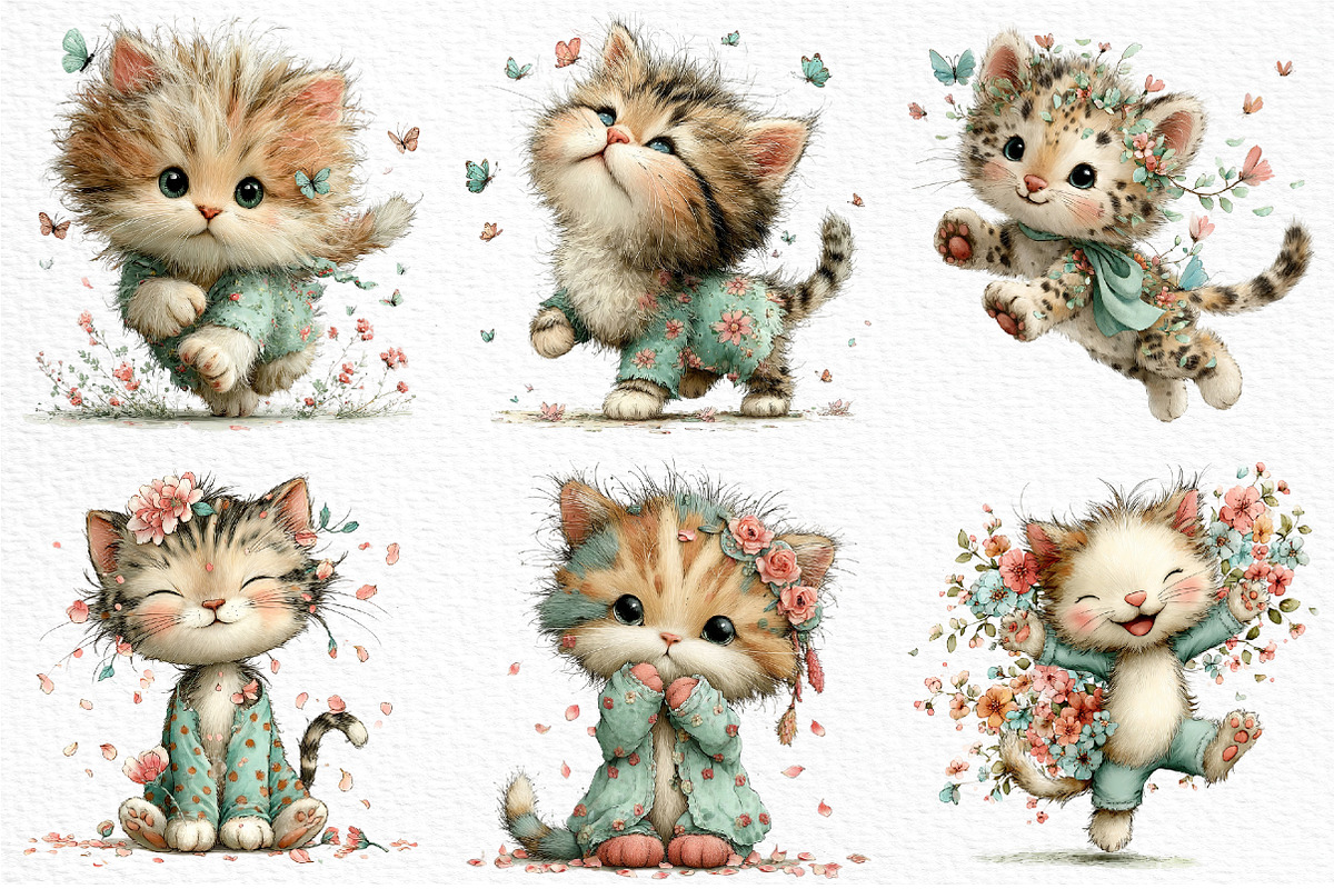 Whimsical Spring Cats Clipart, an Illustration by Craft Nest (Photo 4 of 11)