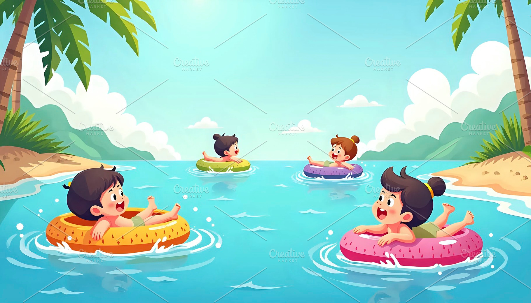Kids Floating On Tropical Island Inf, a Photo by LOGOCREATIVE
