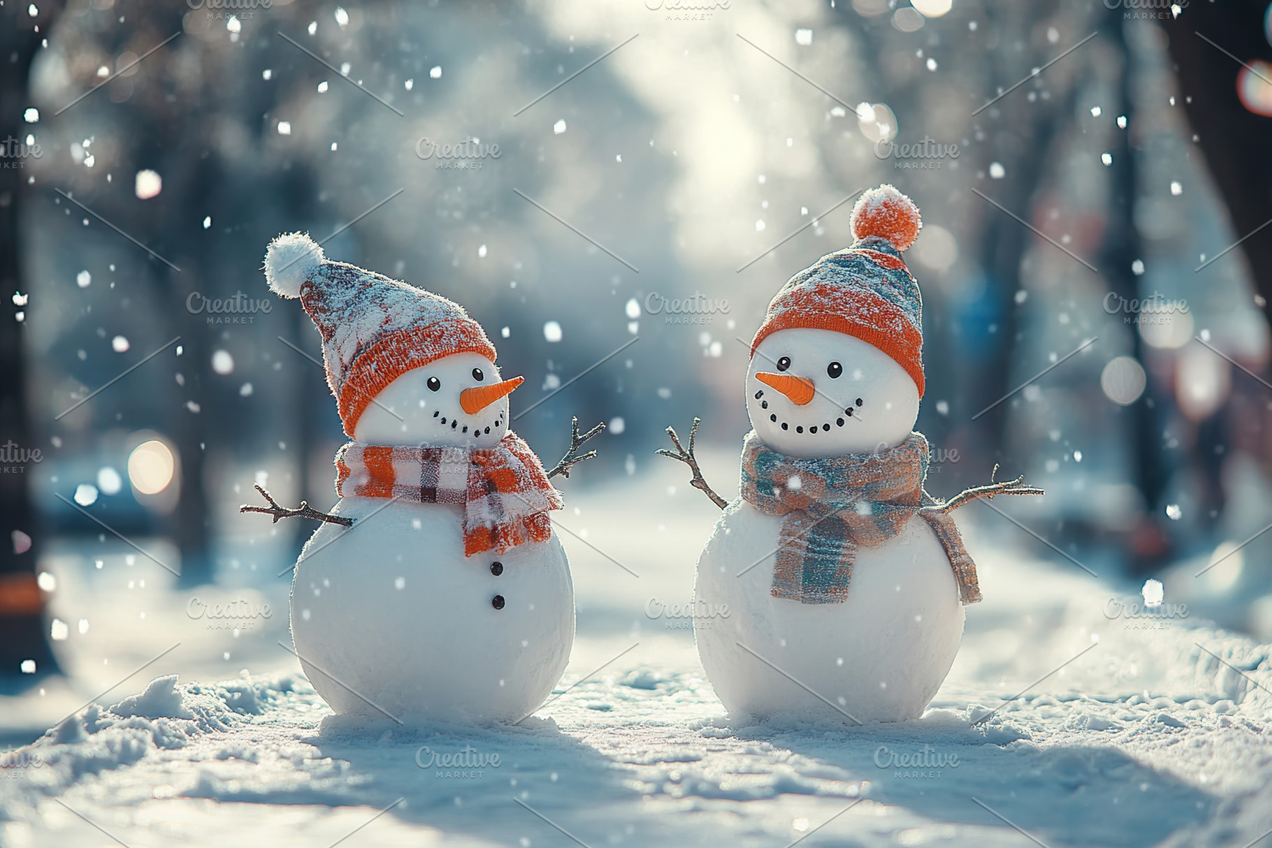 Snowman in winter clothes on park background, a Photo by AlyaAnd