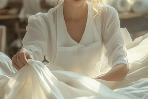 A young garment technologist woman in a bright, airy workshop is delicately han, a Person Photo by Textures & Backgrounds