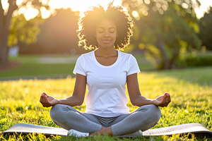 Diverse woman meditating outdoors at sunrise, a Health & Medical Photo by DanFLCreativo