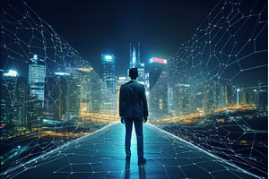 Businessman walking future city, a Technology Photo by Ylivdesign