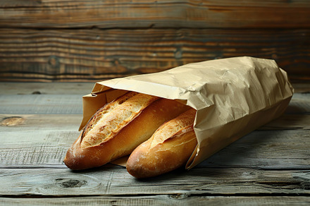 Freshly baked baguette in paper bag on wooden table, a Food & Drink Photo by AlyaAnd