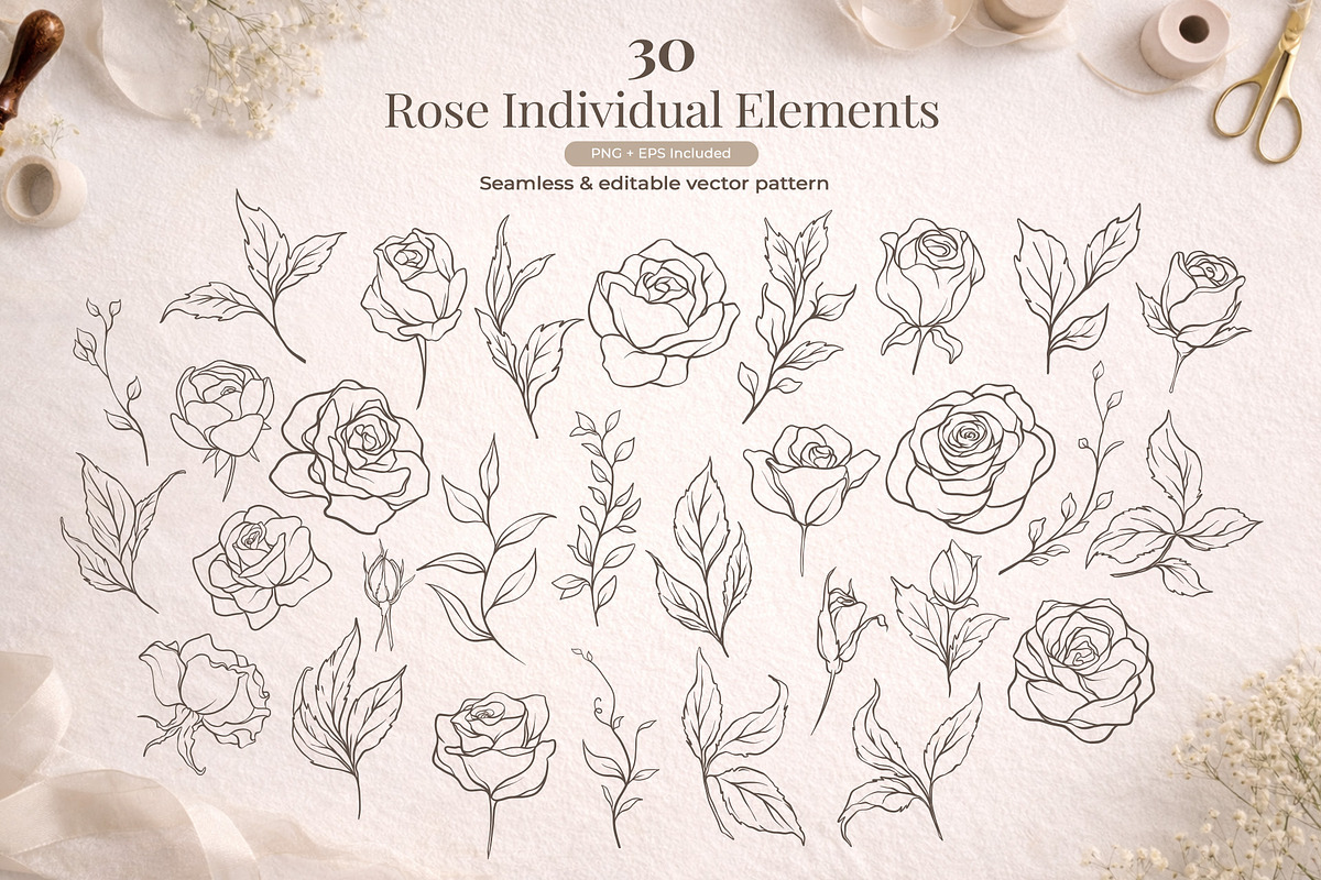 Elegant Rose Line Art Elements, a Decorative Illustration by Papatongartist (Photo 11 of 11)