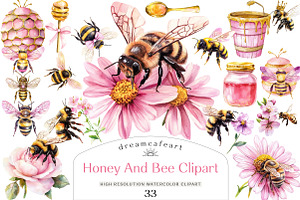 Watercolor Honey And Bee Clipart, an Illustration by DreamCafeArt