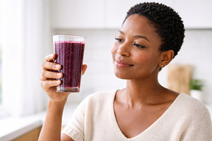 Woman holding glass of blackcurrant, a Photo by Dvoevnore photos
