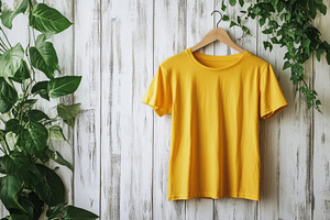 Yellow T-shirt on Wooden Background, a Beauty & Fashion Photo by Pixeness Studio