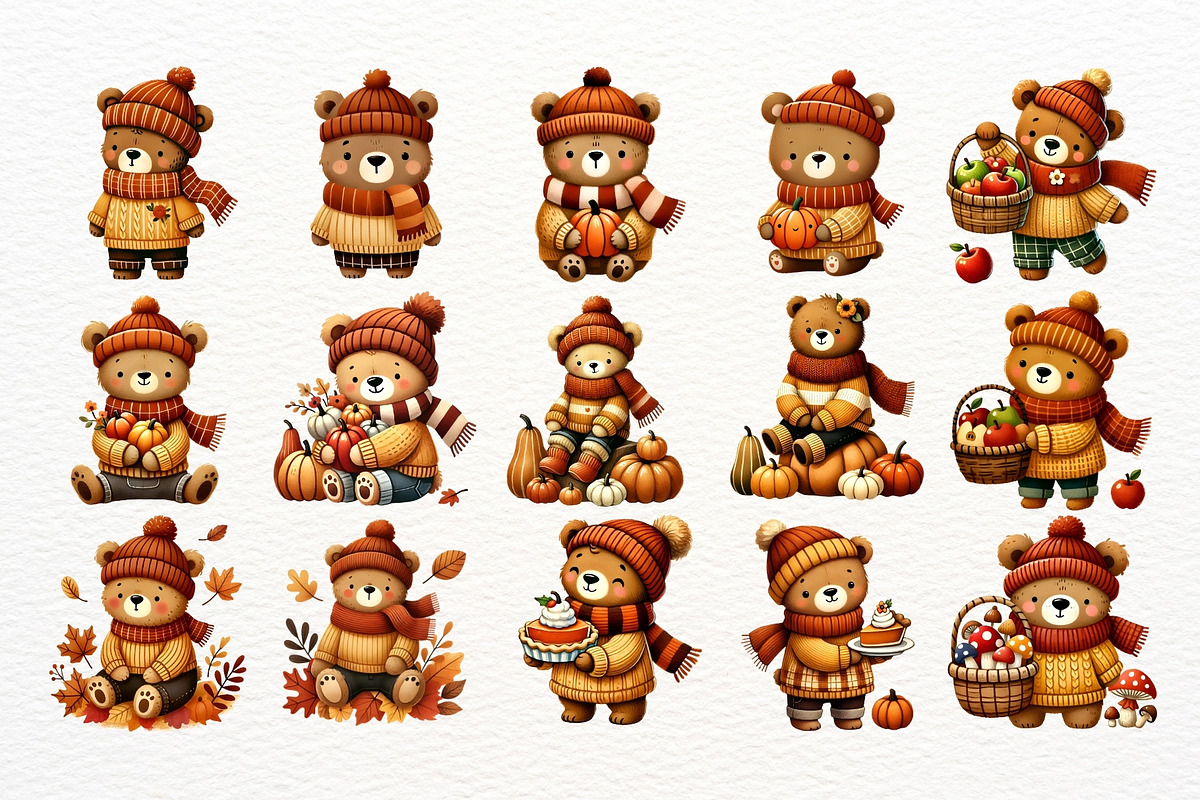 Cute Autumn Bear Clipart Bundle, a Seasonal Illustration by Nicolle's Colorful Art (Photo 2 of 7)