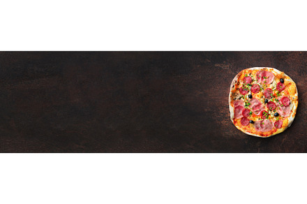 Homemade pizza. Top view with copy, a Food & Drink Photo by Enjoy Photo
