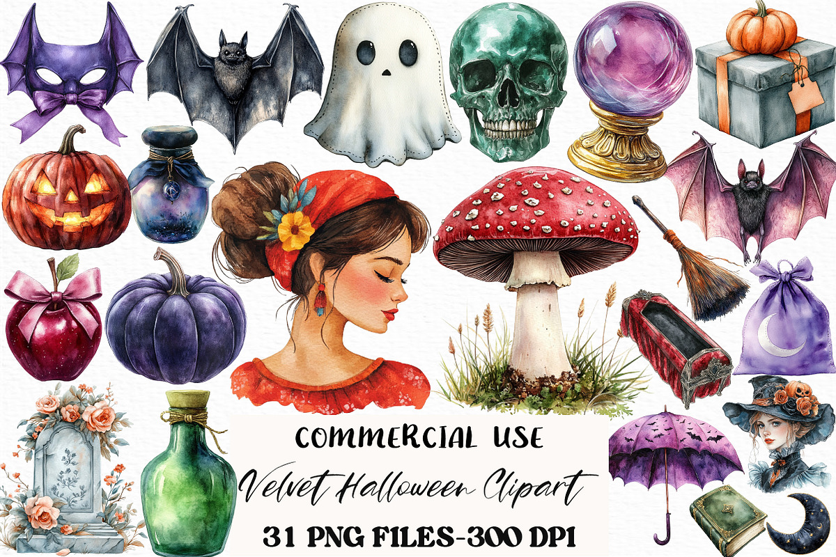 Watercolor Velvet Halloween Clipart, an Illustration by Craft Nest (Photo 1 of 6)