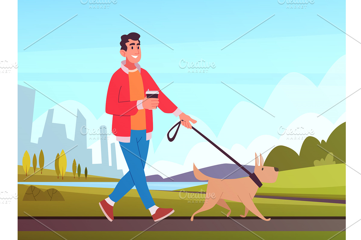 Walking with dog. man pet owner, an Animal Illustration by Onyx