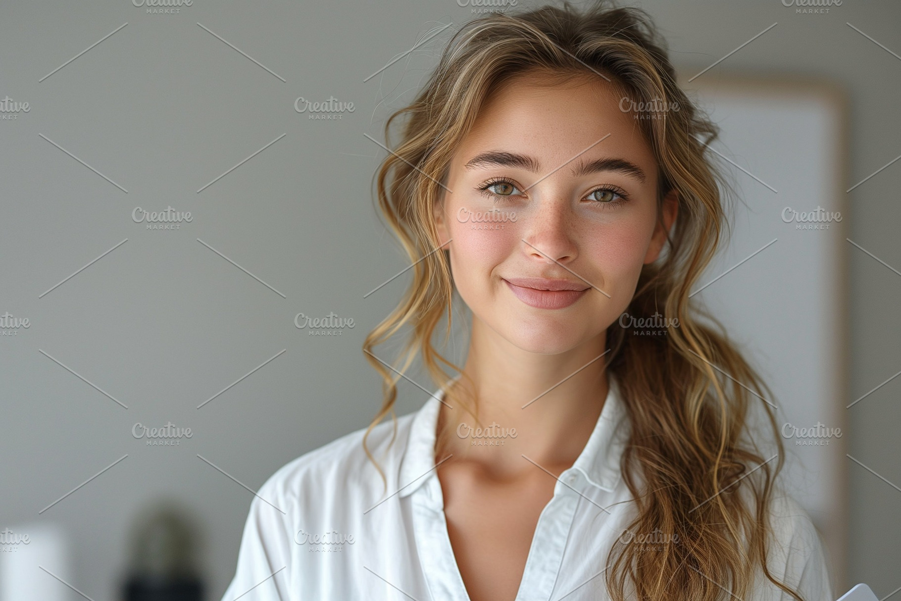 Smiling young woman with long, wavy hair in a bright atmosphere., a Person Photo by ImageMir