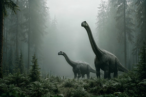 Dinosaurs roam through misty forest during early morning hours, an Animal Photo by OSORIOartist