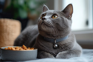 Gray cat gazes thoughtfully while re, a Photo by Tanuart