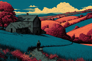 Man walking toward an old barn across vibrant rolling hills and fields in a sty, a Photo by AS photostudio