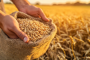 Harvesting wheat grains at sunset with hands full of golden produce, a Food & Drink Photo by AlyaAnd