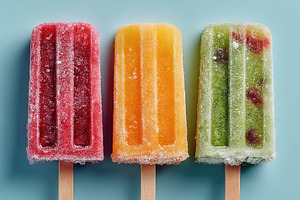 Assorted frosty fruit popsicles on pastel blue background for su, a Beauty & Fashion Photo by José Manuel Gelpi