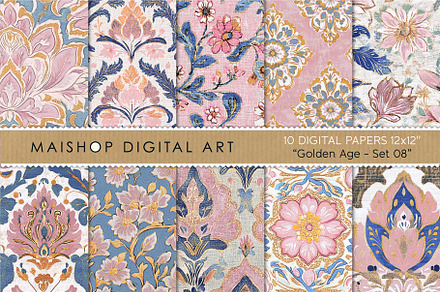 Pink & Blue Block Print Patterns, a Pattern Graphic by Maishop