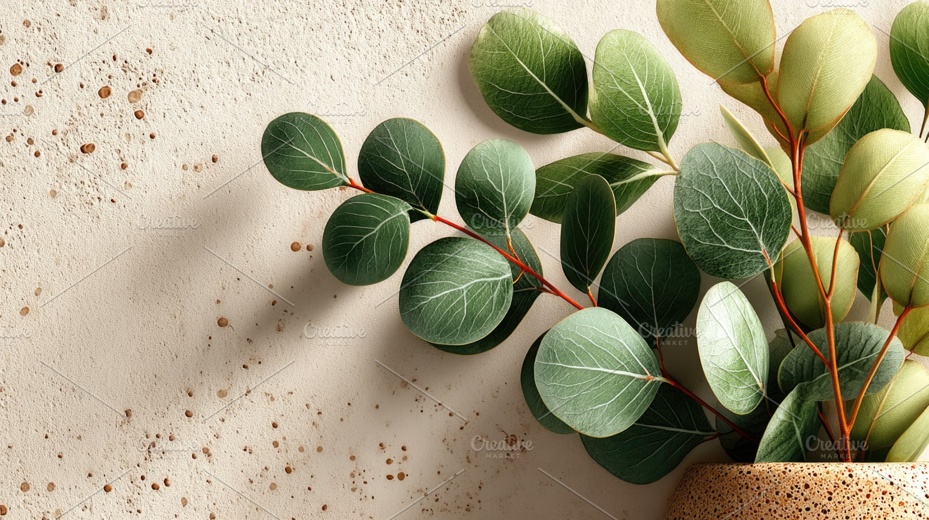 Eucalyptus Leaves in Ceramic Vase Against Textured Neutral Wall, a Background Photo by José Manuel Gelpi