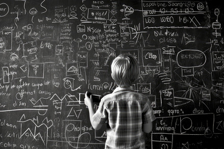 Photo of a child drawing a chalkboard full of complex mathematic, a School & Education Photo by designvectx