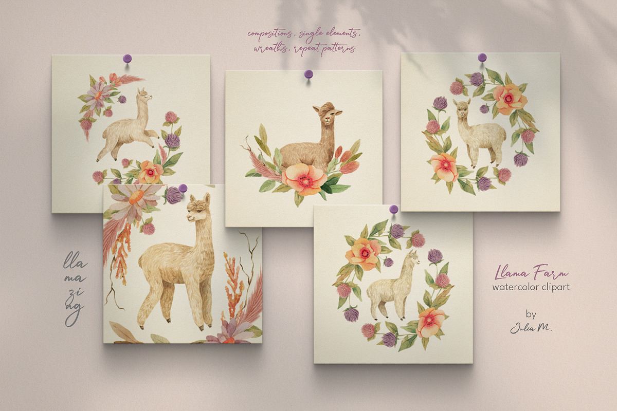 Llama Farm Watercolor Clipart, an Animal Illustration by Julia M. Watercolor (Photo 4 of 14)
