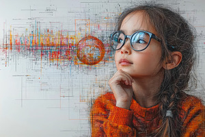 Young girl pondering with science-inspired digital art background representatio, a Photo by AS photostudio
