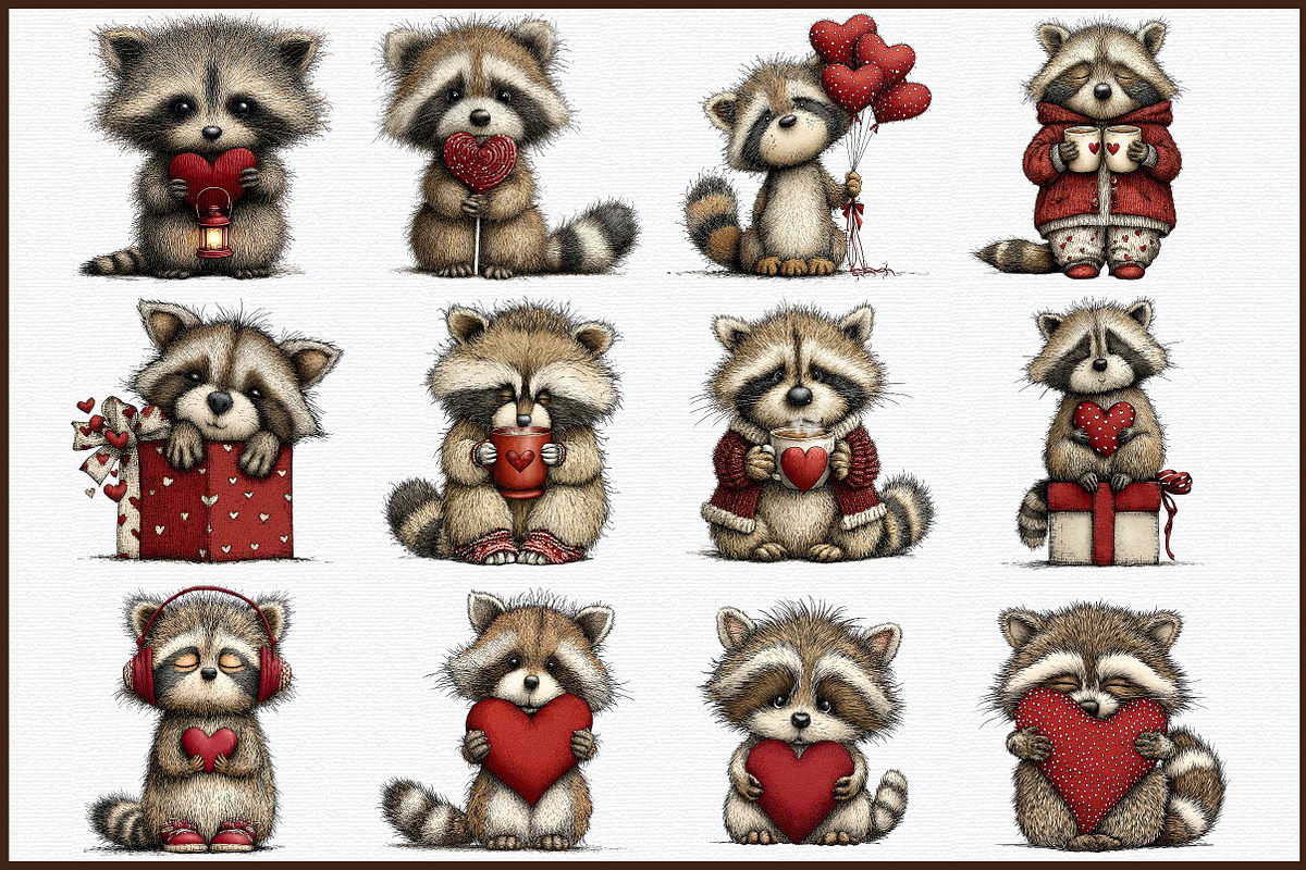 Whimsical Valentine Raccoon Clipart, an Illustration by Sublimation Artist (Photo 3 of 6)