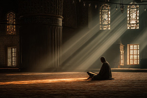 Man Praying in Mosque Sunbeams Illum, a Photo by Pixeness Studio