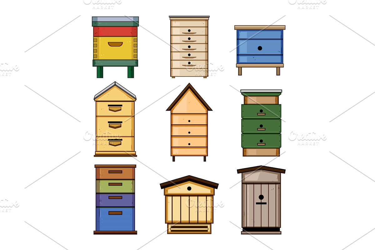 Various beehives creating beekeeping, an Animal Illustration by pikepicture