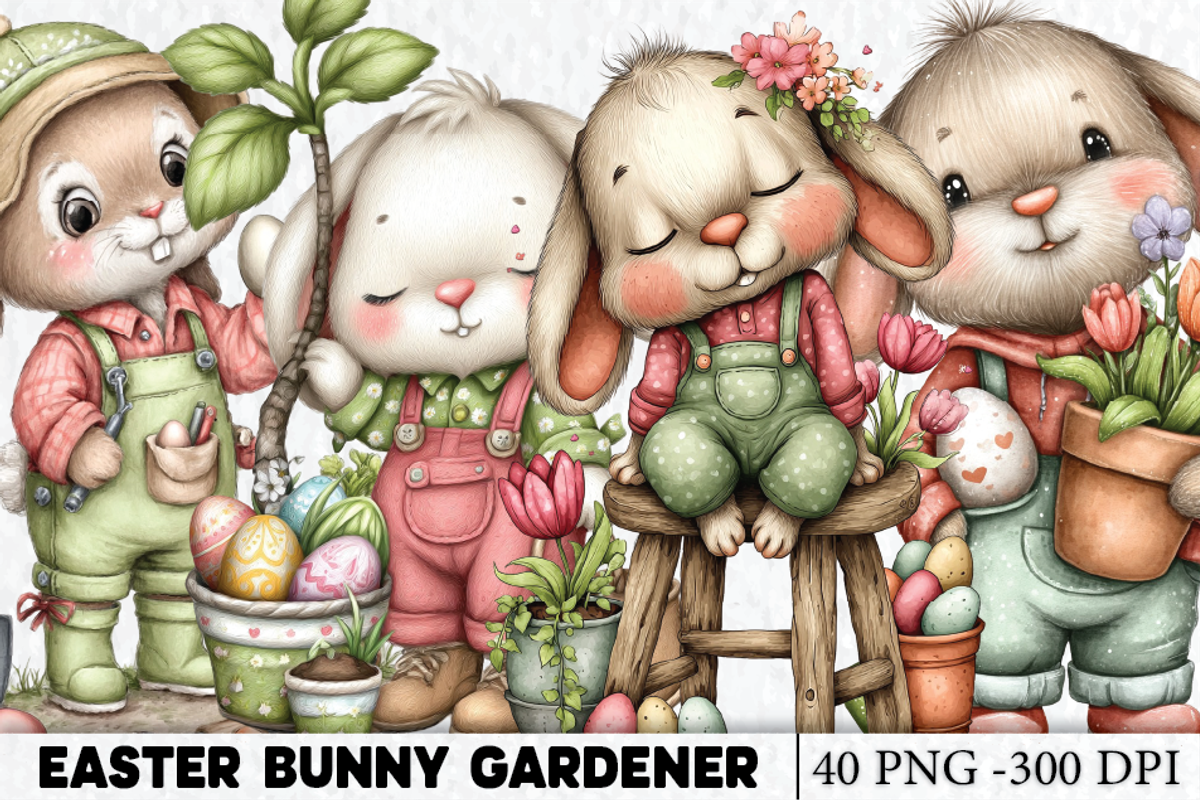 Easter Bunny Gardener Clipart, a Seasonal Illustration by HueNestify (Photo 1 of 3)