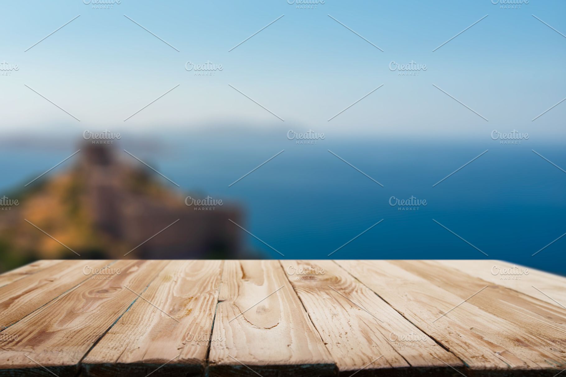 Wooden empty surface on blurred background of coastal sea, hill in afternoon., a Background Photo by Sergey Mironov's store