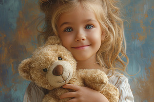 Adorable young girl with blonde hair, happily hugging a teddy bear against a te, a Person Photo by ImageMir