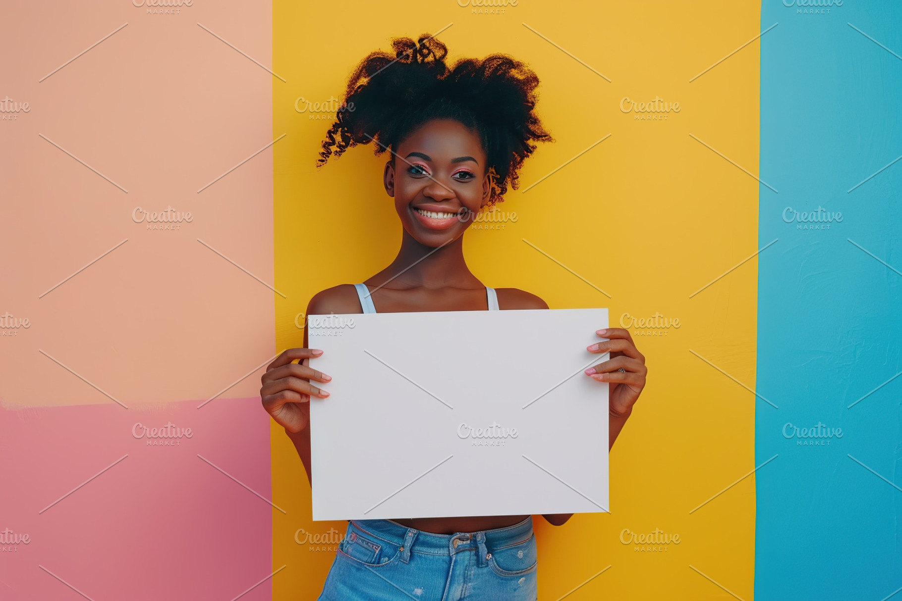 Portrait of happy african american woman with white blank signboard, a Person Photo by AlyaAnd