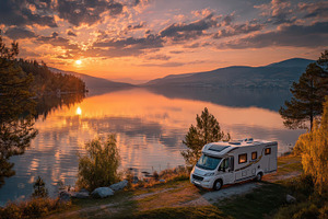 Campervan sunset lake serene nature, a Photo by Pixeness Studio
