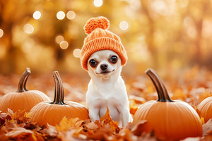 Adorable chihuahua with pumpkins, a Photo by LiliGraphie