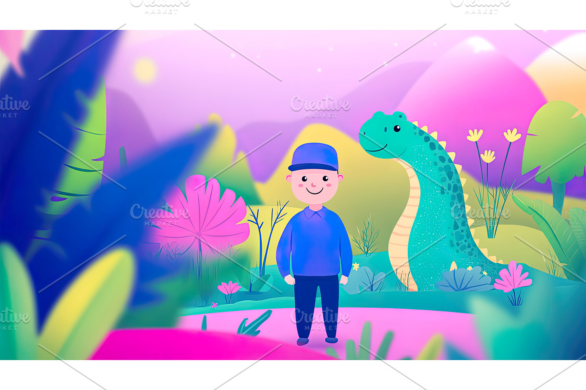 Young boy standing with dinosaur in, an Object Illustration by Lermont51