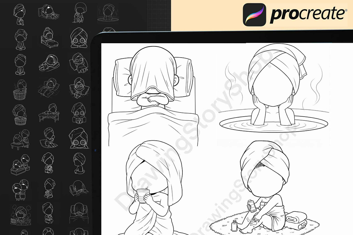 Procreate Chibi Onsen & Spa Pose, a Brush Add-On by DrawingStoryShop
