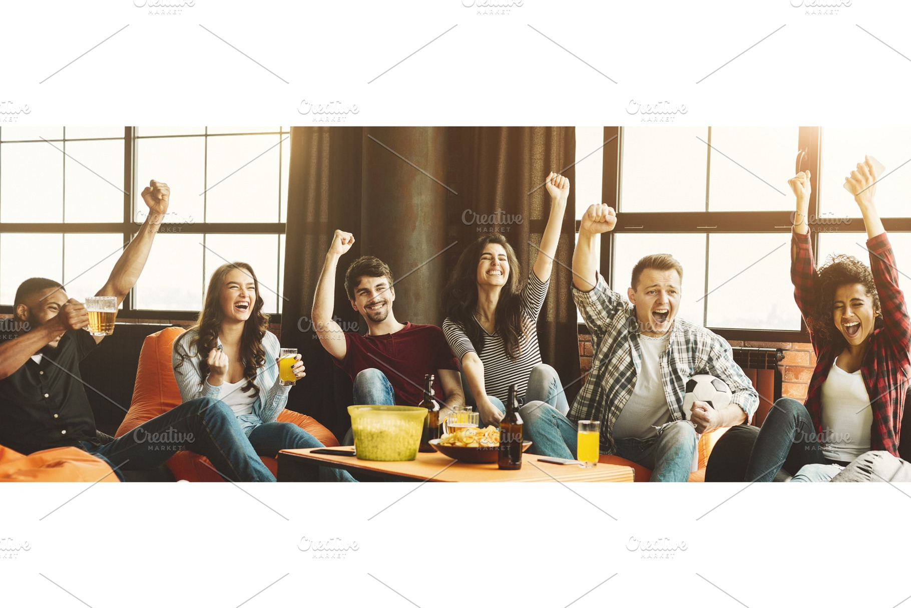 Party of friends football fans featuring adult, alcohol, and ball, a Sports & Recreation Photo by Prostock-Studio