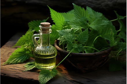 Small Nettle oil glass bottles, a Nature Photo by Ylivdesign