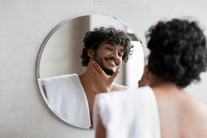 Handsome indian man looking in mirror in bathroom and touching beard, enjoying, a Person Photo by Prostock-Studio
