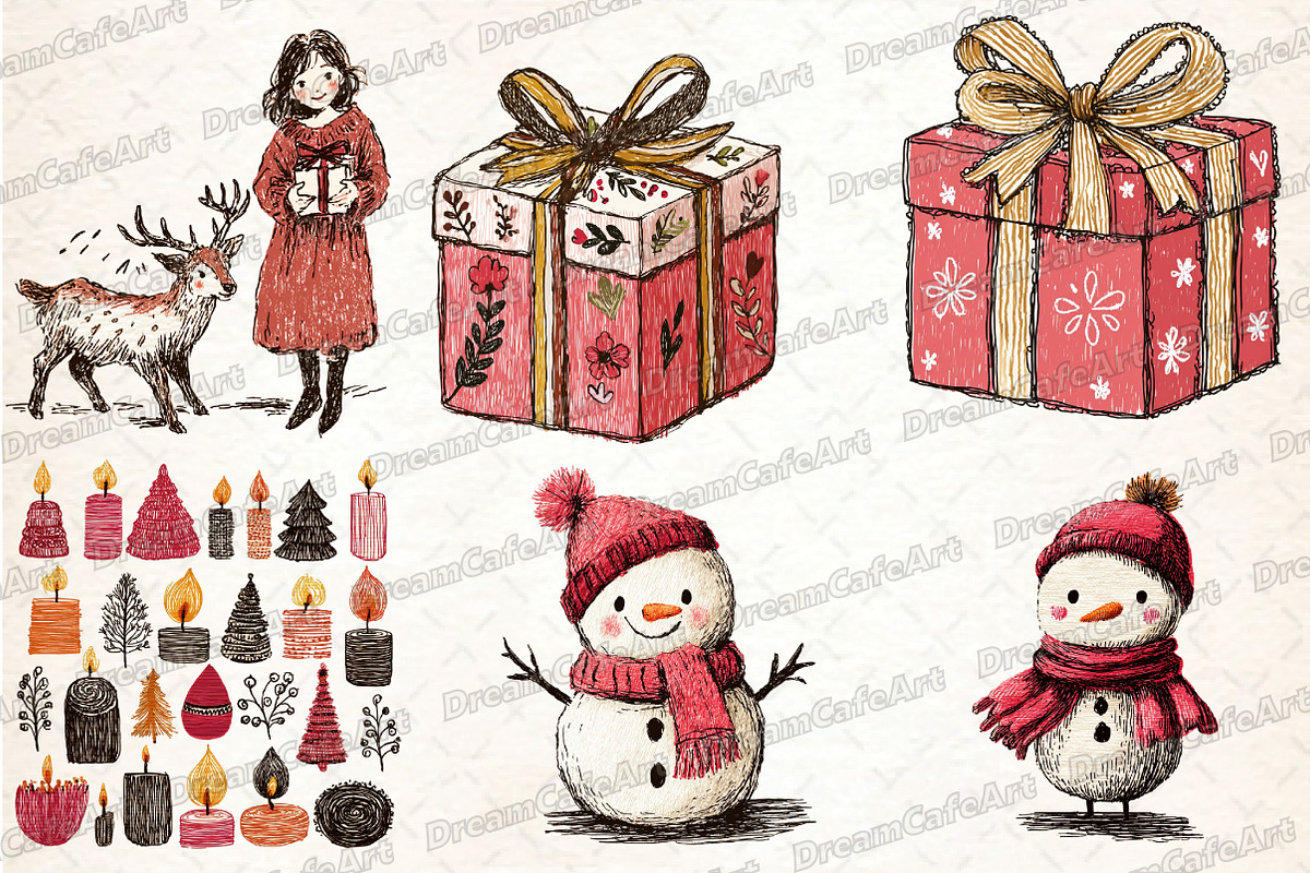 Cute Christmas Doodles Watercolor, an Illustration by DreamCafeArt (Photo 5 of 7)