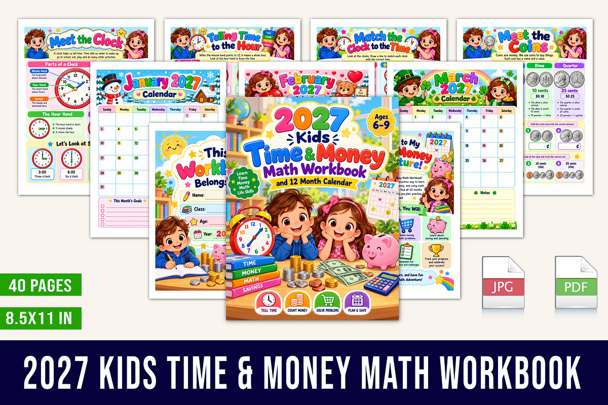2027 Kids Time & Money Math Workbook, a Stationery Template by Designmela01 (Photo 1 of 5)
