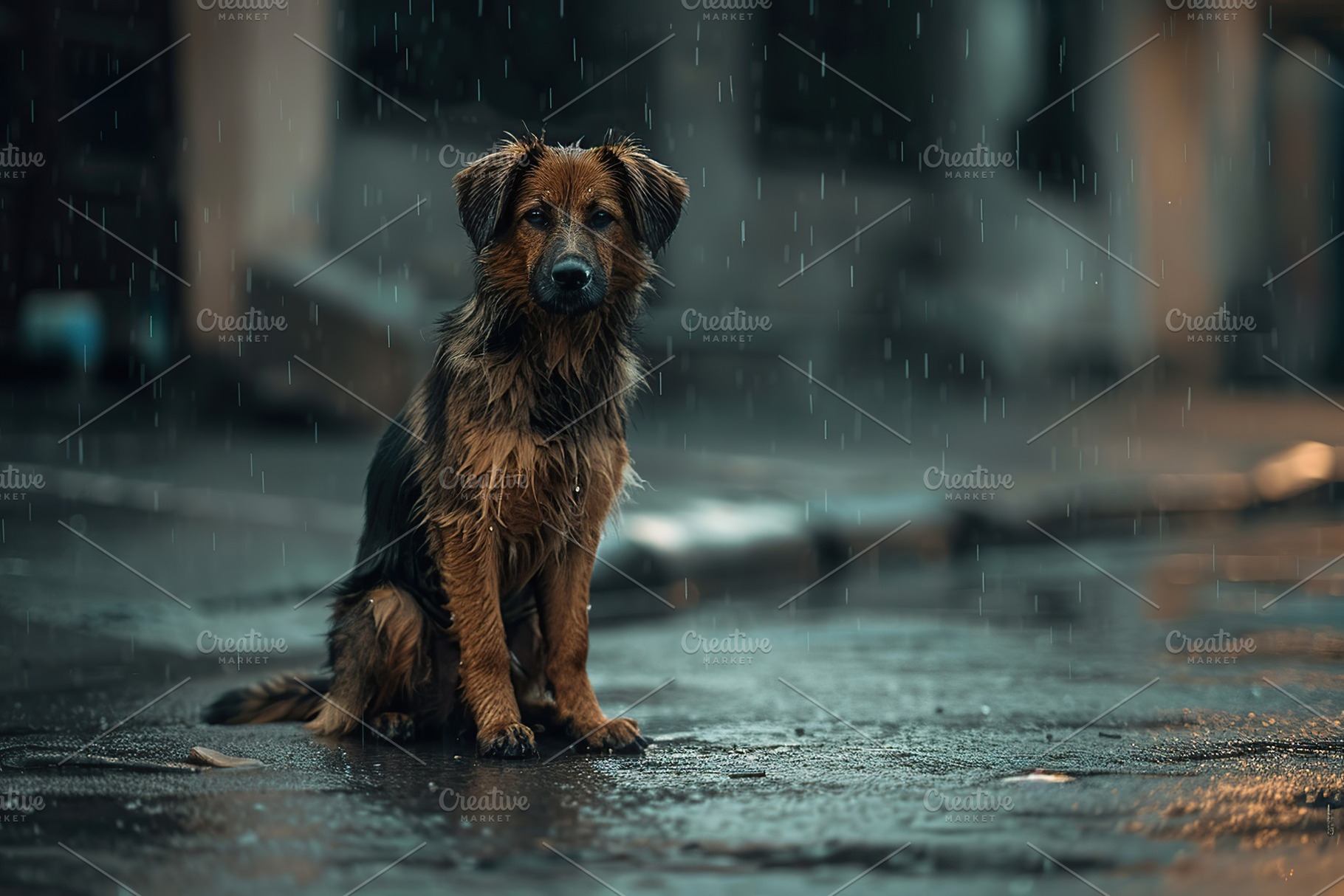 Wet homeless dog on a street in the rain, an Animal Photo by AlyaAnd