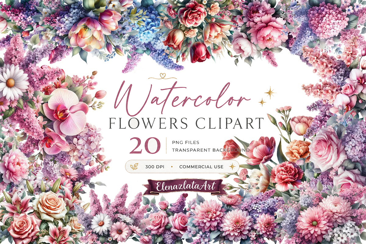 Watercolor Spring Flowers Clipart, a Decorative Illustration by ElenazlataArt (Photo 6 of 6)