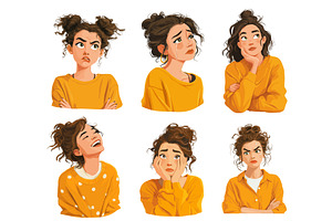 Woman emotions set. Brunette girl in, a Person Illustration by Stock-Smart-Start