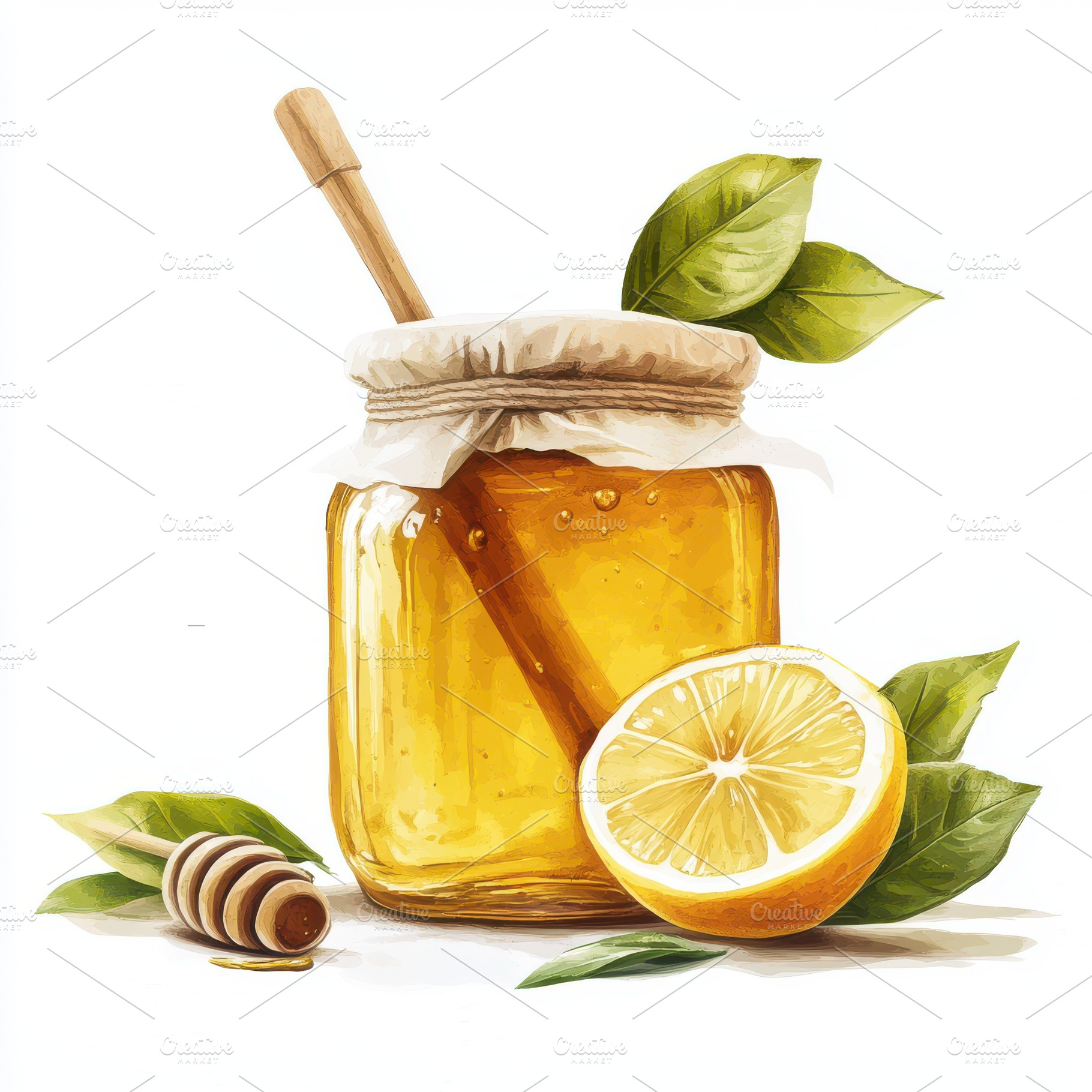 Wooden stick and Honey jar with lemo, a Food & Drink Photo by Pixeness Studio