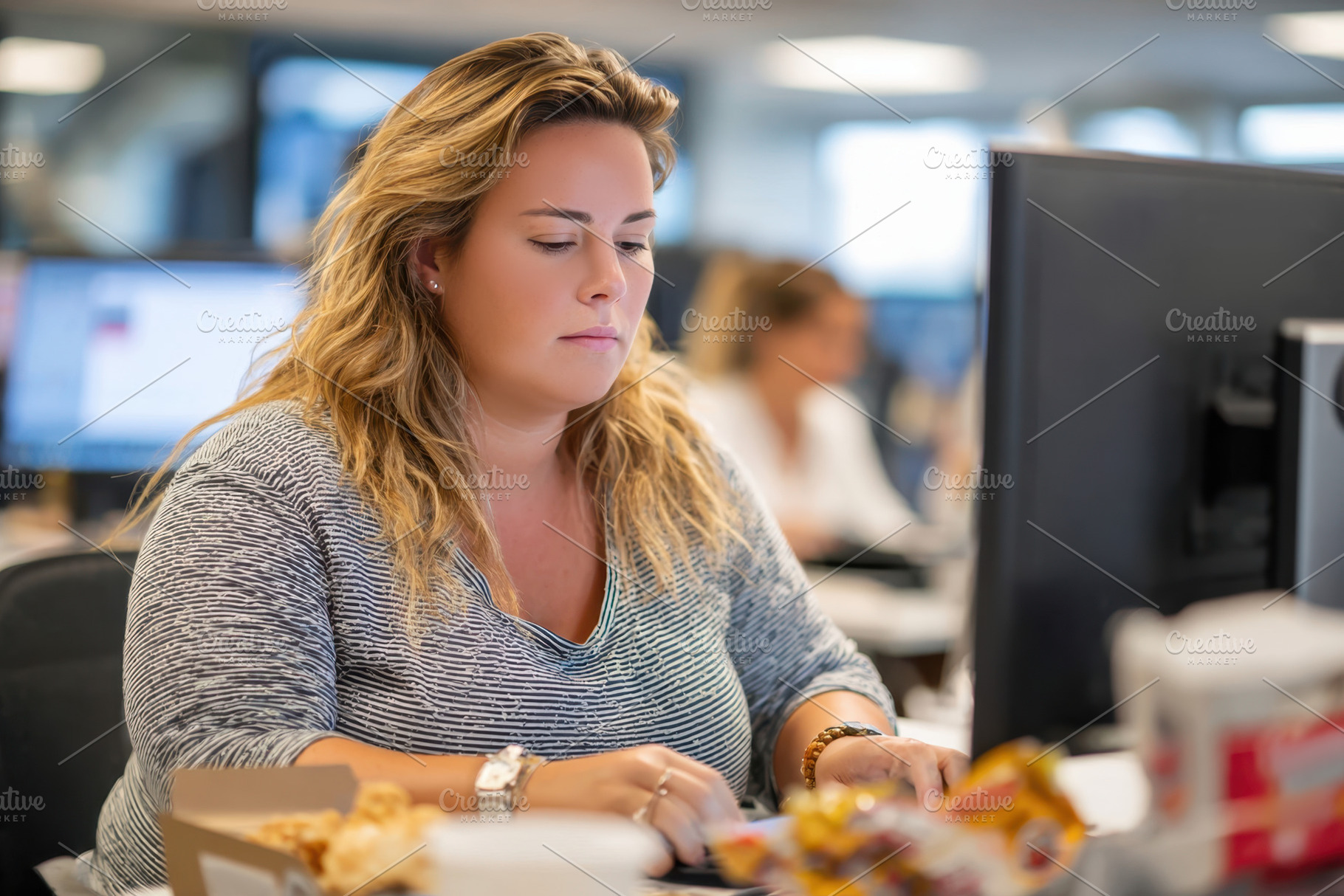 Tired overweight woman at desk in modern office, a Person Photo by AlyaAnd
